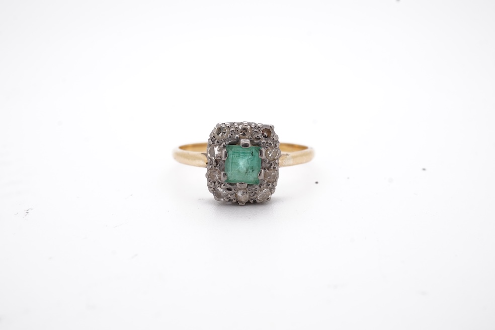 An early to mid 20th century yellow metal, emerald and diamond set rectangular cluster ring, size R, gross weight 3.5 grams. Condition - poor to fair
